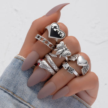 Brand New Retro Love Heart Silver Ring Men's and Women's Snake-shaped Dice Punk Style Jewelry Ring Always Love Combination 5 daiiibabyyy